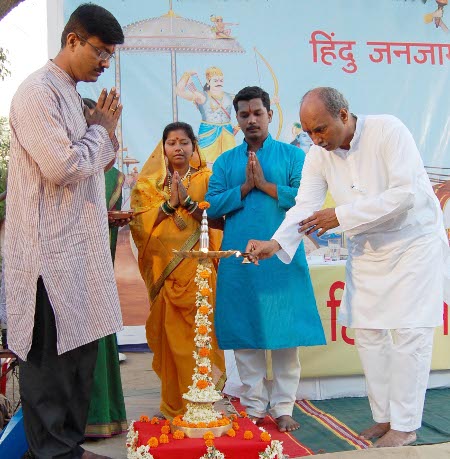 Inauguration of Hindu Dharmajagruti Sabha by lighting a Samai (an oil lamp)